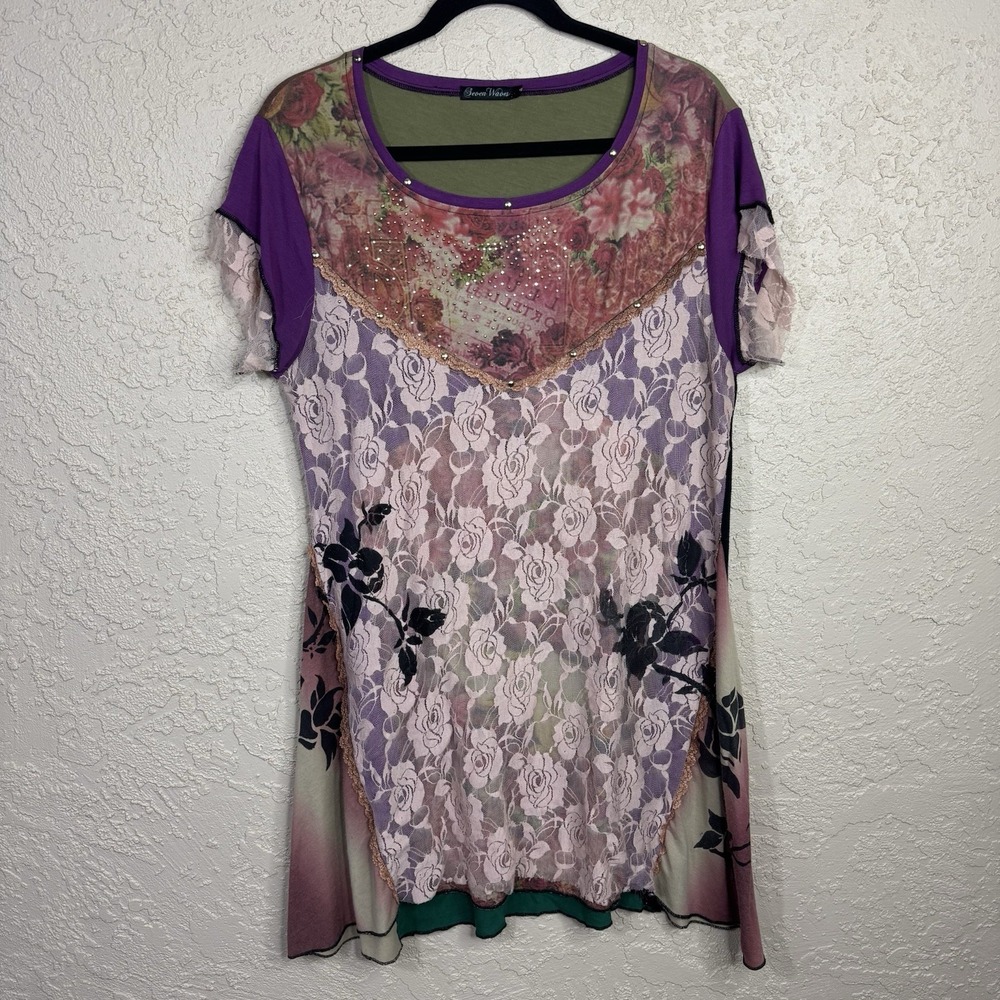 Seven Waves Mixed Media Tunic Dress Womens M Lagenlook Artsy Goblin Fairy‎ Lace